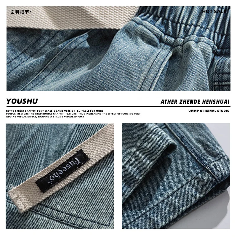 Fashion Casual Denim Shorts Men's Trend Ins Youth Pop Summer Wear Japanese Gothic Hip Hop Loose Casual Cargo Five Quarter Pants