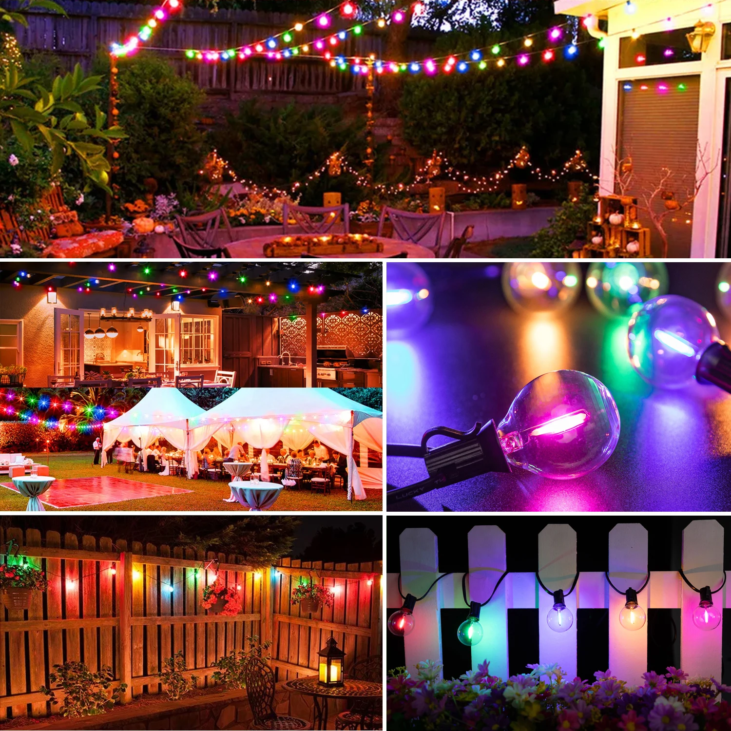 Outdoor String Lights RGB Multi-Color G40 String Lights Waterproof Dimmable  Party Patio Decor LED Colored Hanging Light Chian - AliExpress, image size:1500x1500