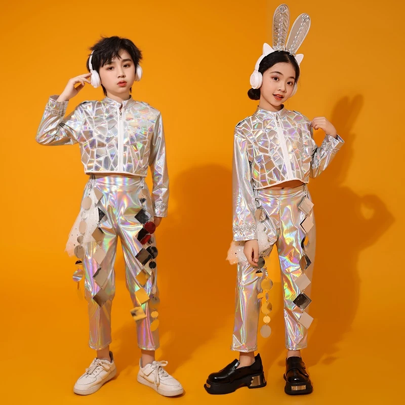 

2024 New Kids Kpop Outfit Children'S Cheerleading Jazz Dance Costume Girls Boys Laser Suits Ballroom Dance Clothing XS7944