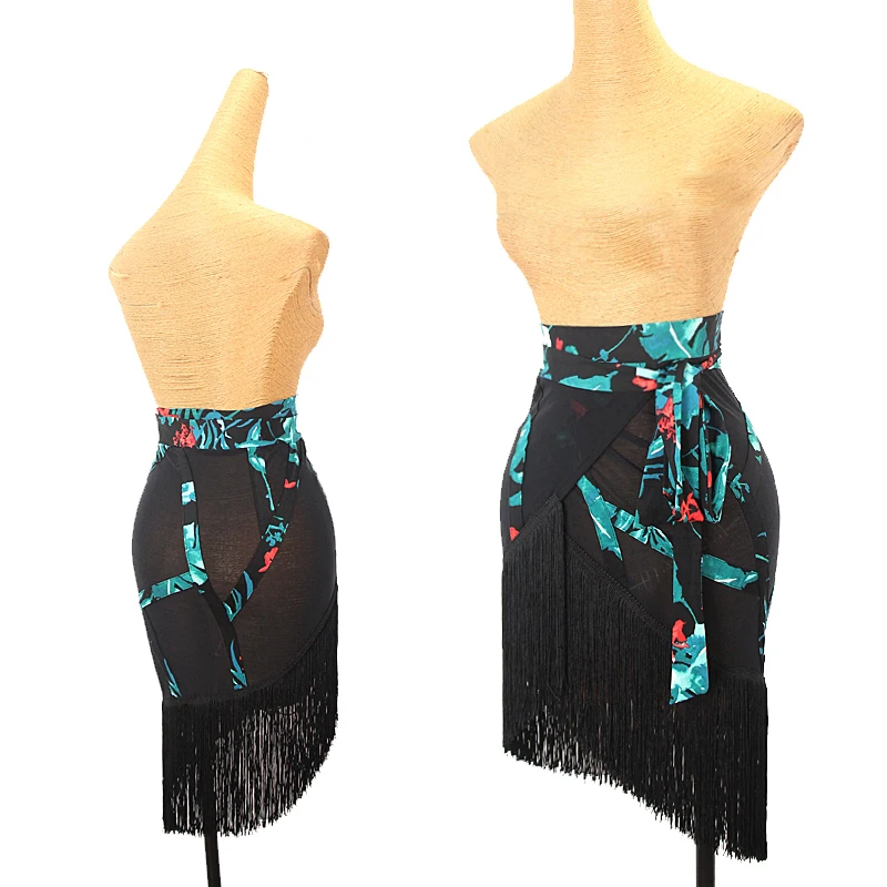 

Forest Printing Latin Dance Skirt Women Rumba Samba Cha Cha Training Practice Clothes Tassel Hip Scarf Sexy Mesh Skirt DNV18116