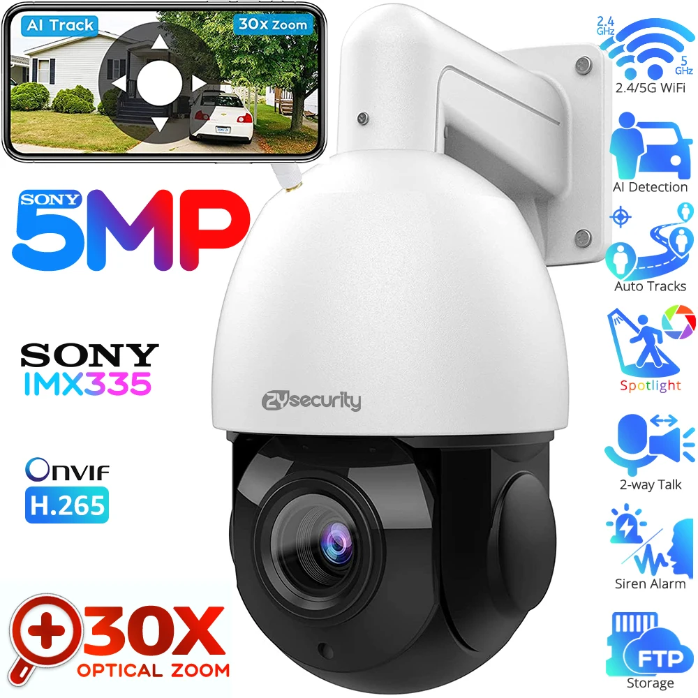 Caméra de surveillance extérieure PTZ IP HD 5MP/60m, dispositif de sécurité sans  fil, avec n'aime x30, vision nocturne et alarme vocale