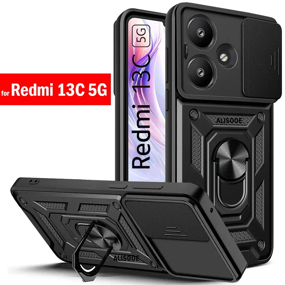 Slide Camera Armor Funda Per Redmi 13C 5G Case Ring Stand Proteggi La Copertura Del Telefono Per Xiaomi Redmi 13C 5G Capa