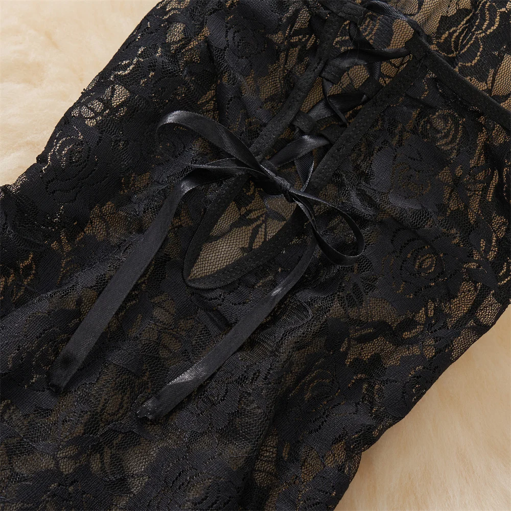 Lace Up Women's Secret Clothes Slim Sleepwear Halter Neck Backless Pajamas Sheer Erotic Lingerie Sexy A-Line Mini Black Dress 5