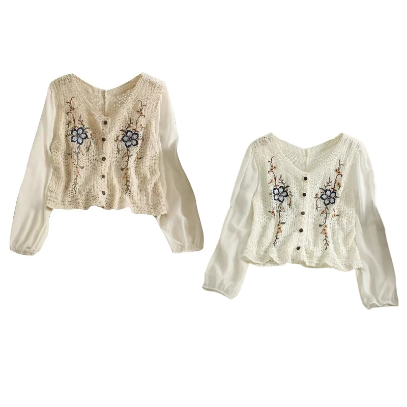 

Women Crochet Stitching Crop Cardigan Long Sleeve Button Floral Sweater N7YE