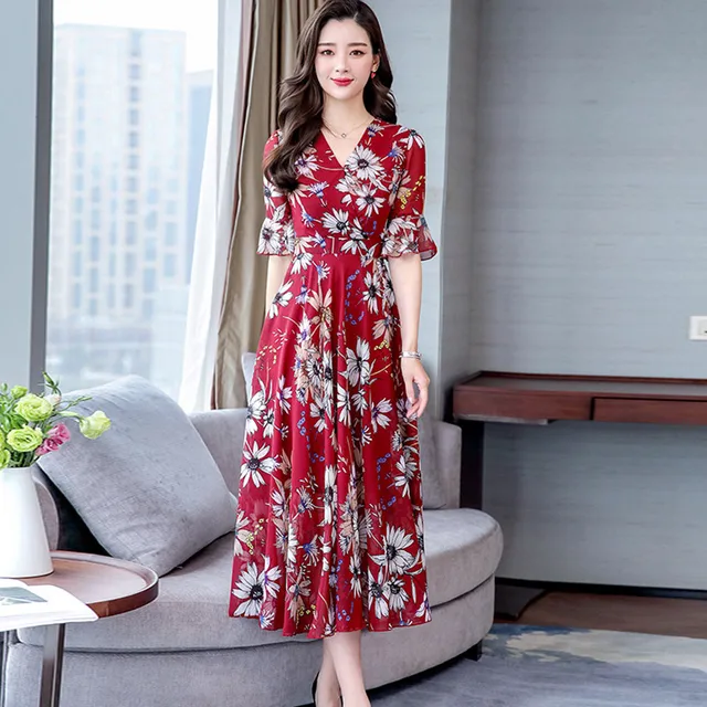 Fashion Short Sleeve Dress V-Neck Floral Print Loose Women Long Dress Summer Casual A-Line 4