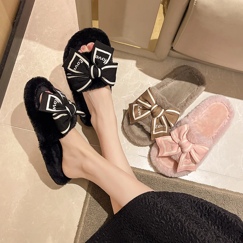 Women's Fuzzy Winter House Slippers With Bow Platform_voghion.com