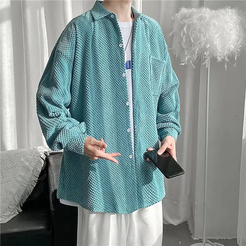 

Mens Corduroy Long Sleeve Shirts Korean Fashion Casual Oversize Blouses