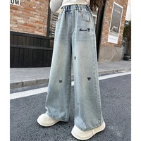 Nouveaux jeans pour filles adolescentes de 4 à 14 ans, printemps-automne, imprimé intégral, broderie nœud, pantalon en denim à jambes larges, mode pour enfants 2