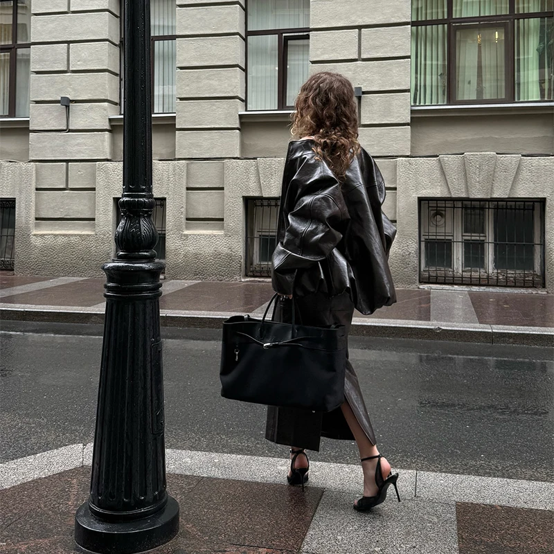 Street Zipper Leather Jackets Skirts Sets Women Loose Stand Collar Full Sleeve Coat Straight Skirt 2025 Autumn Winter Lady Suit S338e90ebb3a74cabb447a9fa39abed5aF