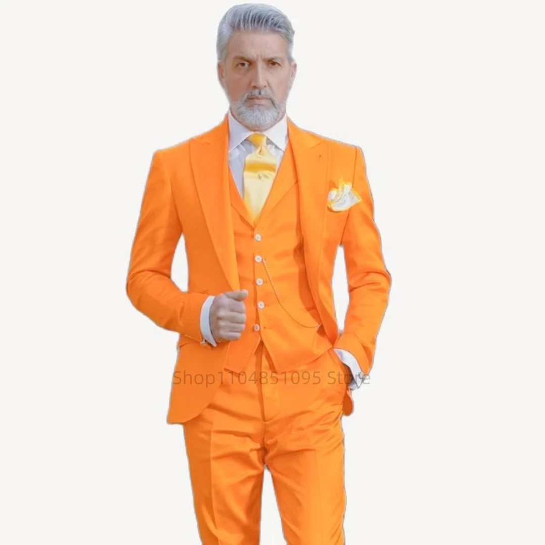Classic Style Orange 3 Piece Slim Fit Green Men's Tuxedo Suit Peak Lapel Single Breasted Blazer Vest Pants Set for Party Groom