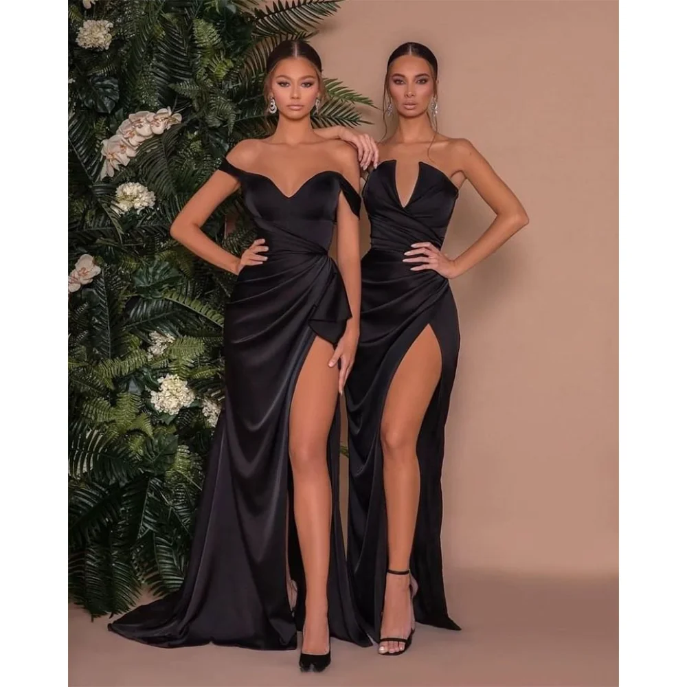 

Classic Black Satin Evening Dress Fashion V-Neck Sleeveless Pleat A-Line Party Gowns Split Floor Length Sweep Train Prom Dress