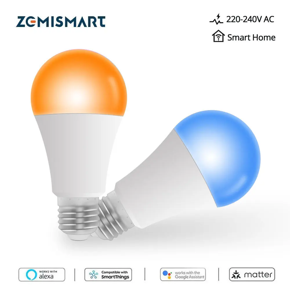 

Zemismart 220V Matter WiFi Led Light Bulb 9W RGB+CW Dimmable Spotlighting Siri Alexa Google Home Smartthings App Control E27