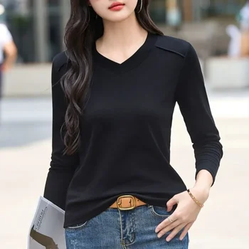 تي شيرتات طويلة الأكمام Camisetas ملابس نسائية غير رسمية للخريف تي شيرت قطني فضفاض تي شيرت نسائي برقبة على شكل V تي شيرت نسائي أساسي 3