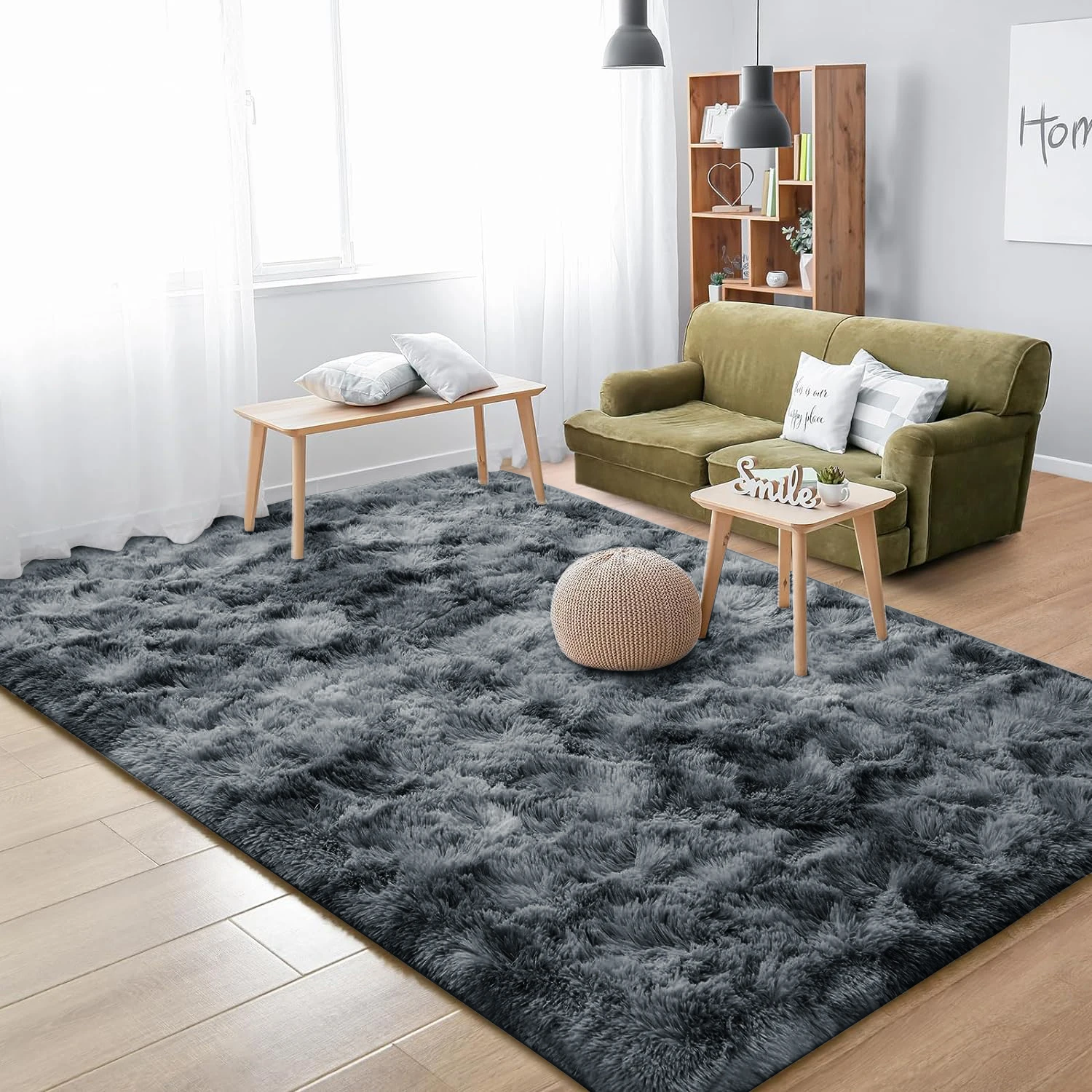 Tie Dyed Dark Gray Carpet Shaggy Rug view 7