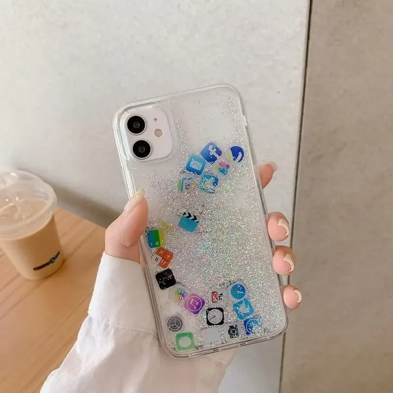 Icone Figuras Quicksand Case Per Iphone 15 14 Pro Max Glitter Gloss Liquid Cover El Funda Iphone 11 12 13 Slider App Coque Hull