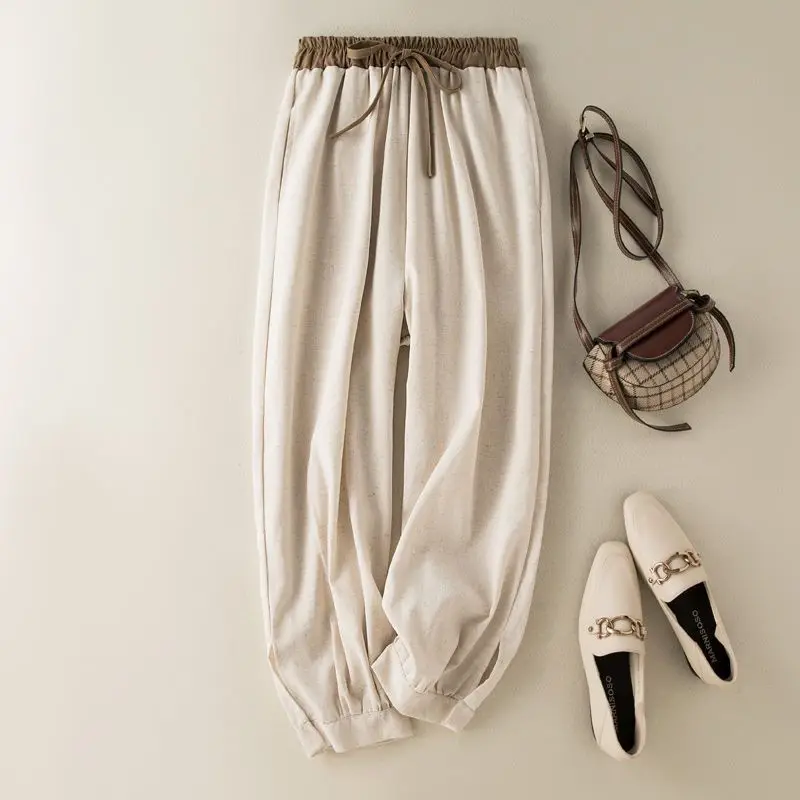 Women's Clothing 2024 New Summer Retro Color-blocked Drawstring Elasticized High-waisted Pockets Cotton Linen Casual Harem Pants