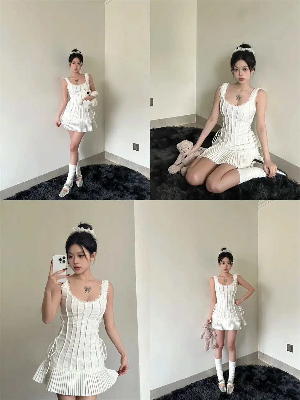 Elegant Pleated Short Dresses for Women Summer New Sleeveless Square Collar White Dress Korean Fashion Y2K One Piece Vestido