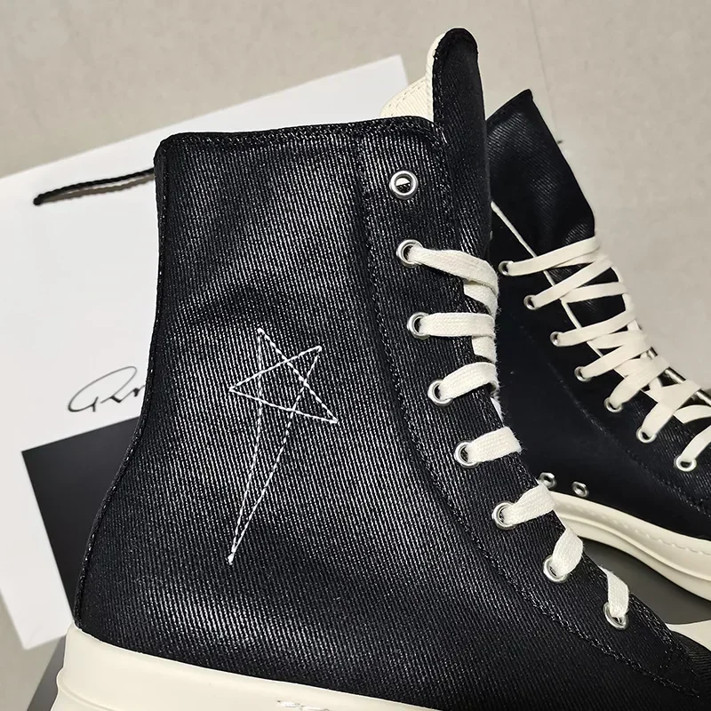 Ro Designer Black Flat-bottomed High-top Embroidered Canvas Shoes, Booties, Zippers and White Cloth Shoes, Couple's Men's Shoes 3