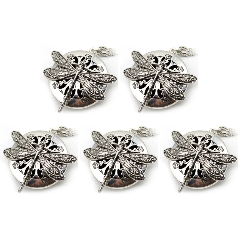 

5Pc Antique Silver Color Dragonfly Aromatherapy Diffuser Pendant Necklace