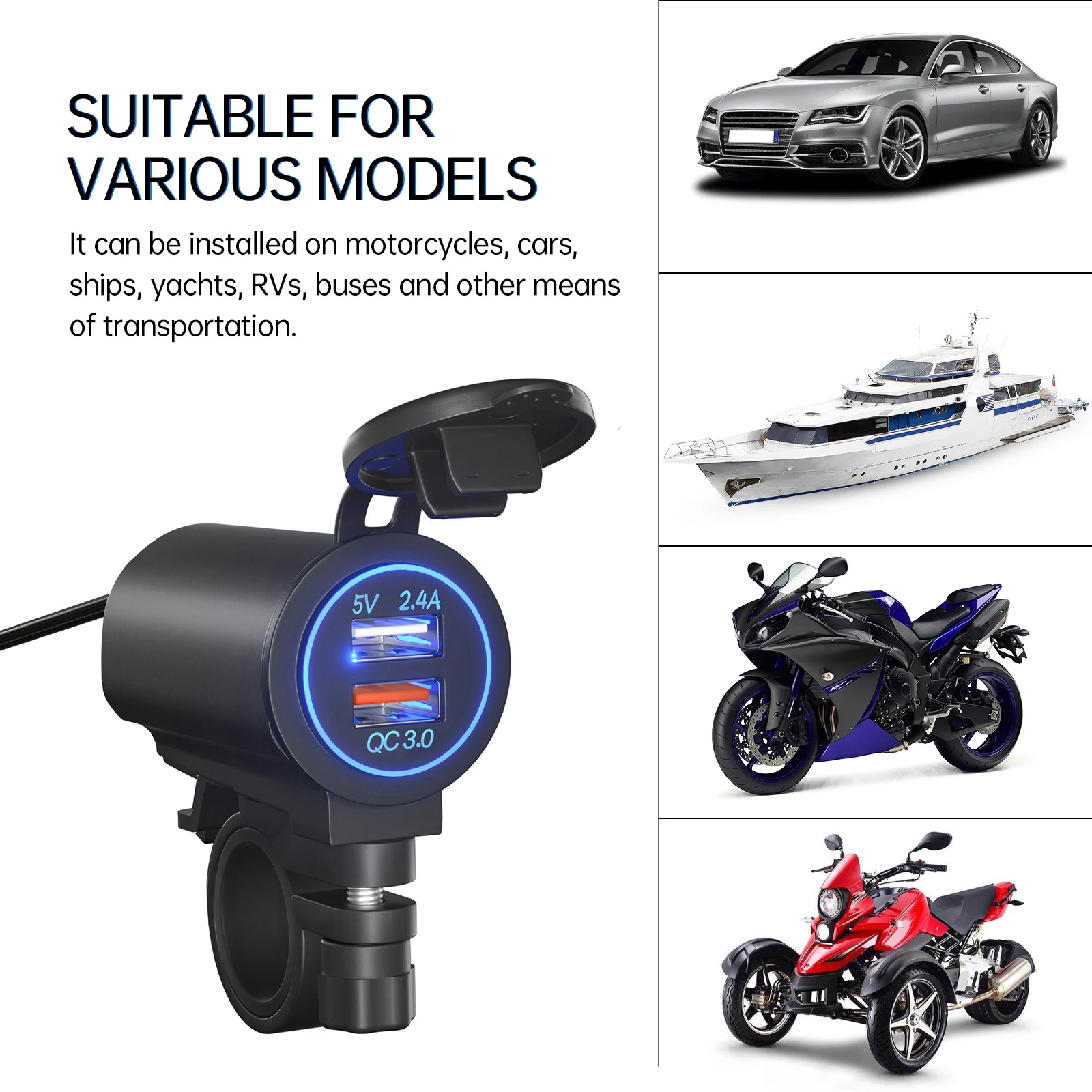 

Motorcycle modified usb car charger car QC3.0 fast charging dual port plus cell phone charging interface jack For Z1000 Z900