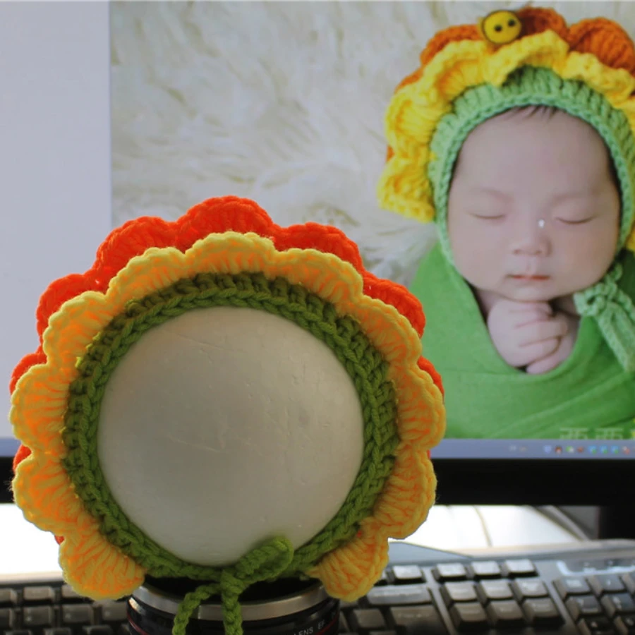 

Cute Newborn Sunflower Knitted Hat DIY Baby Birthday Photo Commemorative Props Photographic Children Photograph Accessories