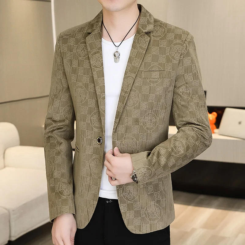 Luxury Retro Printed Men's Blazer Fashion Korean Slim Suit Jacket Social Casual Business Banquet Dress Coats Tops Men Clothing