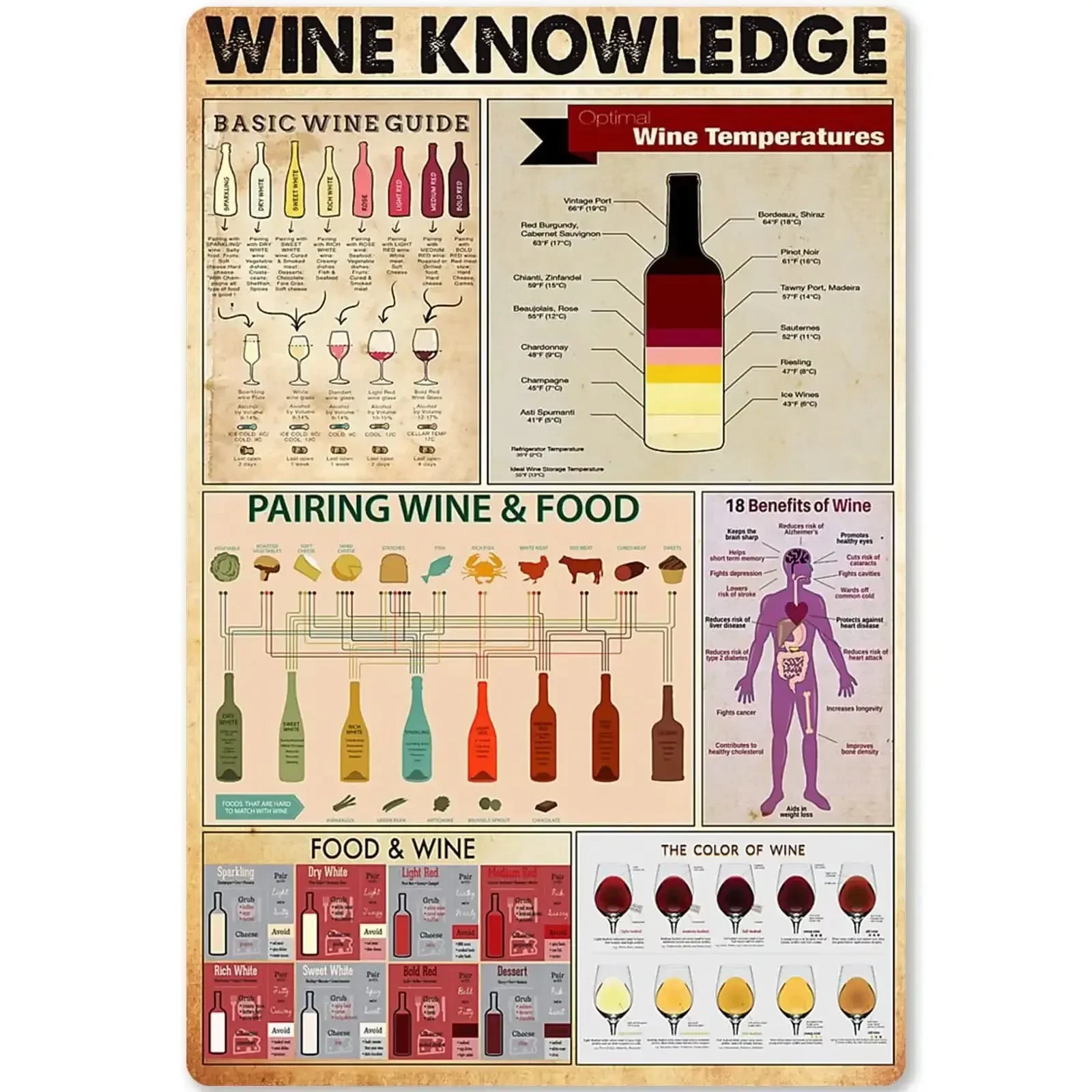 

Wine Knowledge Metal Tin Sign Basic Wine Guide Infographic Poster Home Kitchen Bar Cafe Club Decoration Plaque Home Decor