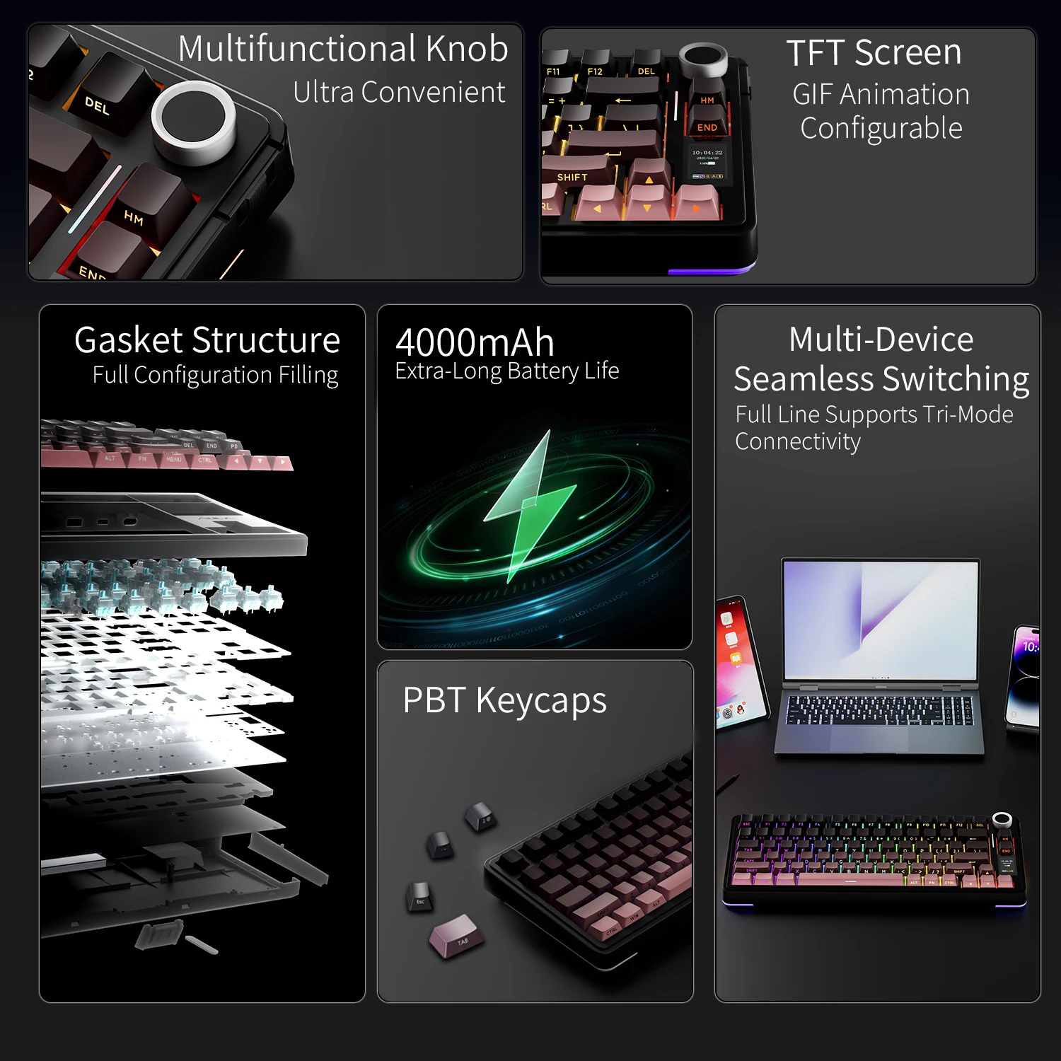 AULA S75 PRO Mechanical Keyboard 75% Custom Layout RGB Backlight Wireless Bluetooth Gaming Keyboard with Screen Knob 2