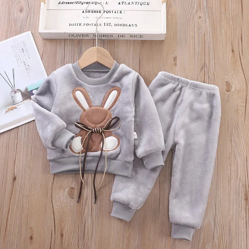 

2024 New Spring Fall Children's Sets Boys Girls Plush Warm Pajamas Bunny Cartoon Set Homewear Long Sleeve Long Pants 2 Piece Set