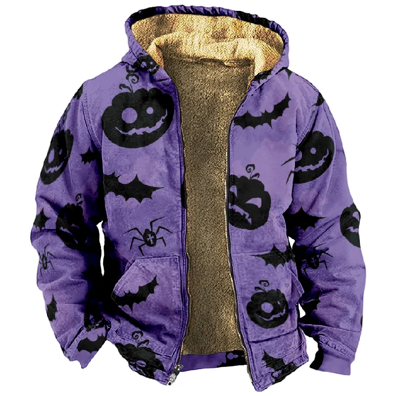 2023 New Halloween Cotton Coat Hooded Sweater Casual Print Long Sleeve Zipper Sweater Thick Cotton Coat Winter