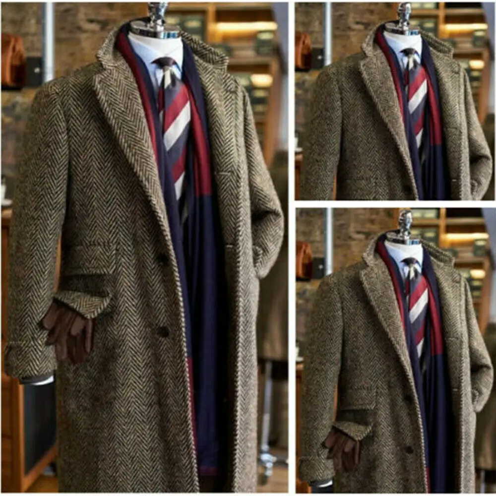 

Tweed Suit Jackets Herringbone Tweed Long Overcoat Single-Breasted Men Suits Business Wedding Party Dress Elegant Man Suit Male
