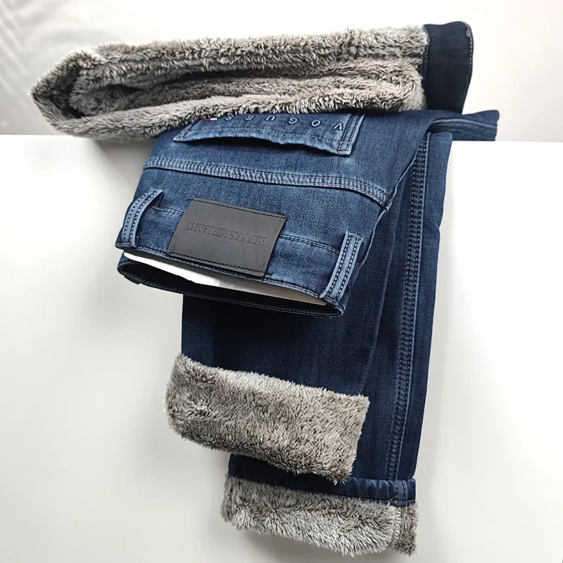 Mens Winter Thicken Fleece Jeans Mens Fashion Casual Straight Cotton Elastic Denim Pants Street Outdoor Warm Cowboy Trousers 40 2