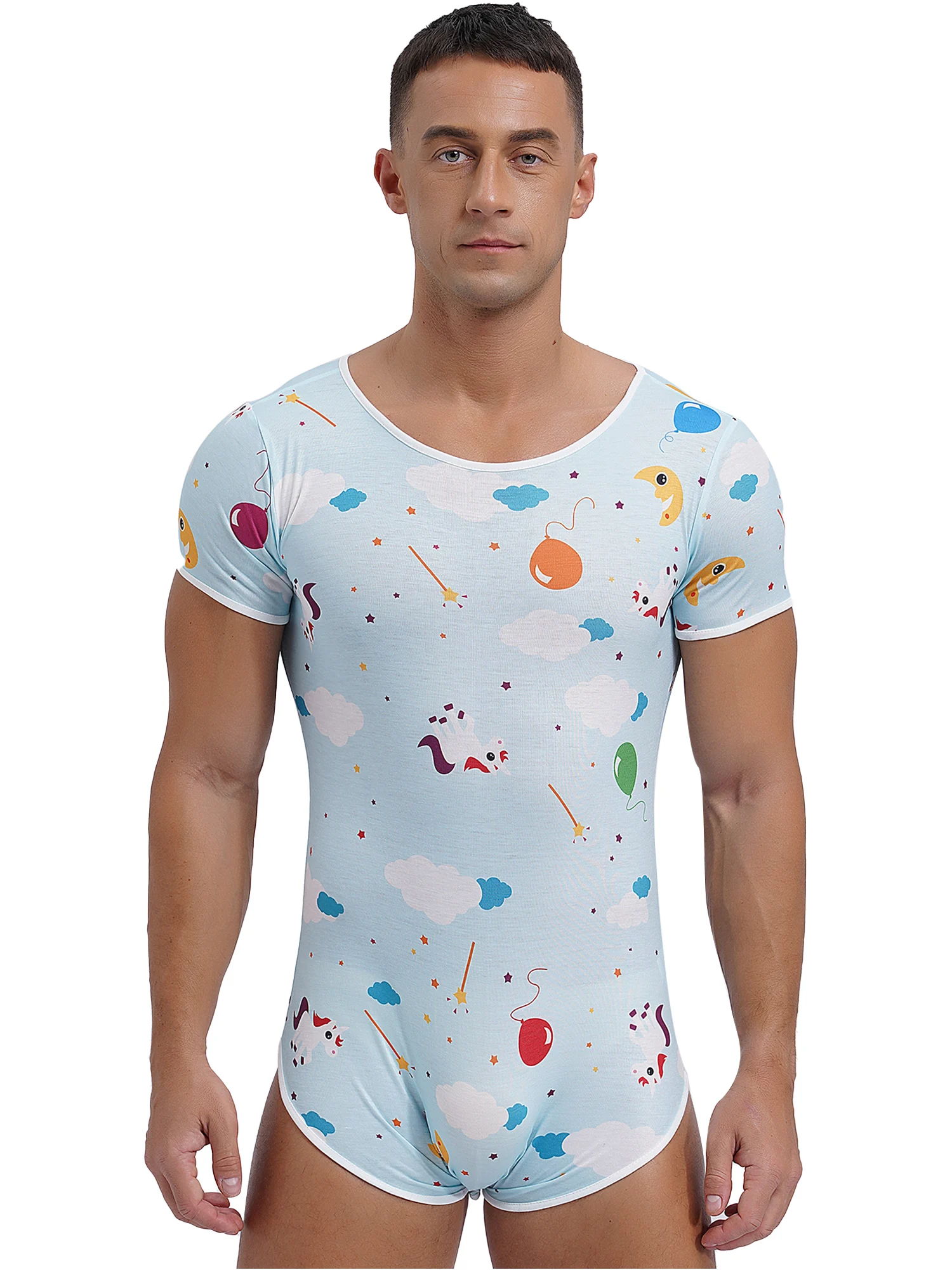 thumbnail image 1 of Mono Sexy de manga corta con botones en la entrepierna para hombre, pijama, mono con estampado de dibujos animados, ropa de dormir, traje de baño, 1 of 5