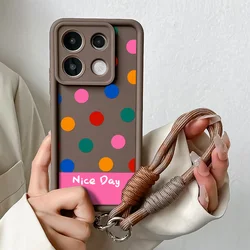 Colorful Polka Dot Lanyard Case with Wrist Chain Cover for Xiaomi Poco X6 (J81 - Coffee - SS)