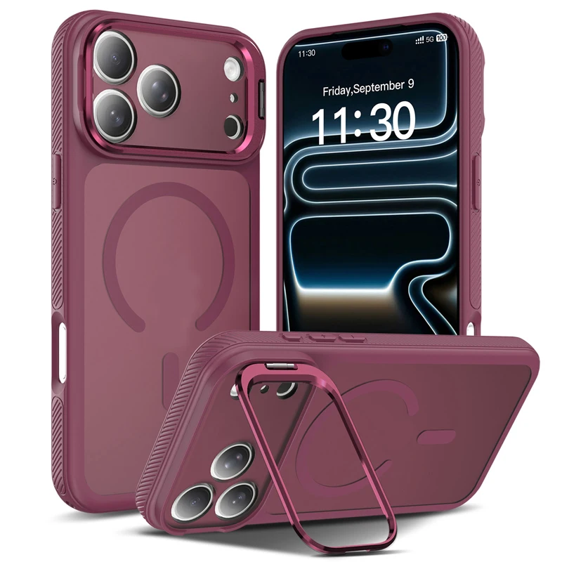 Magnetic Matte Translucent Hard Phone Case with Metal Camera Lens Stand