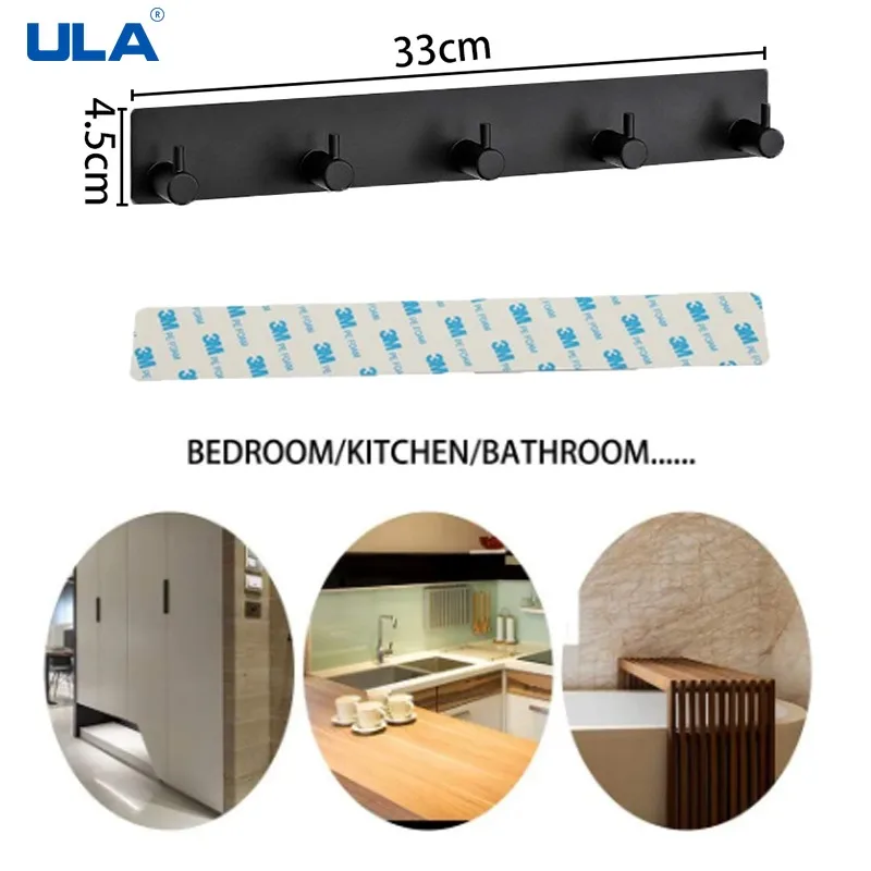 ULA Black 5 Wall Hooks Self-Adhesive Coat Hook Dress Hanger Stainless Steel Towel Holder Bathroom Kitchen Accessories Save Space