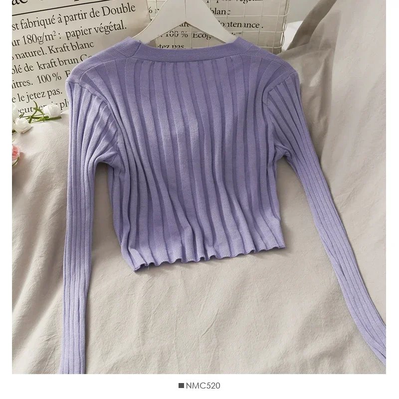 Women's Acrylic Long Sleeve V-Neck Button-Down Slim Cropped Ribbed Knit Cardigan Thin Solid Stretch Crop Top Knitwear