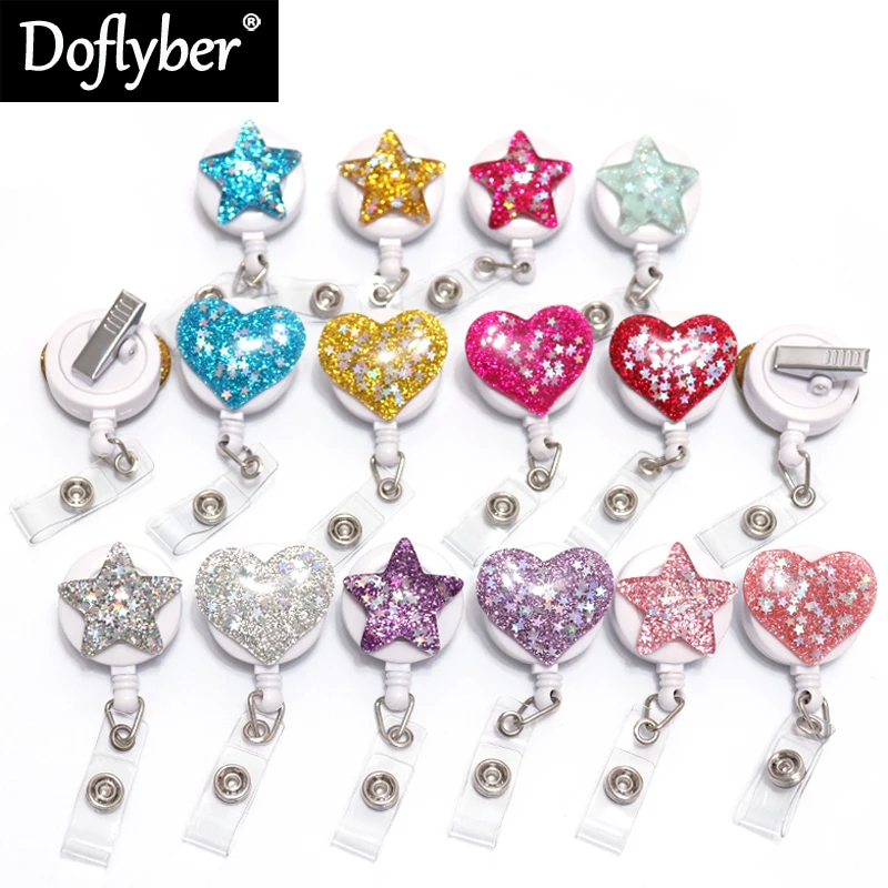 Glitter Heart Star Nurse Doctor Retractable Badge Holder Reel Exhibition Student ID Name Chest Card Alligator Clip