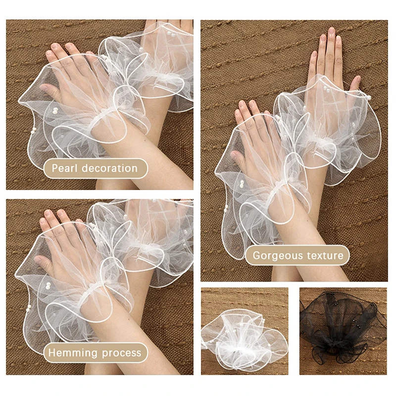 1Pair Detachable Cuffs Pearl Lace Mesh Fake Flared Sleeves Women Pleated False Cuffs Wristband Wrist