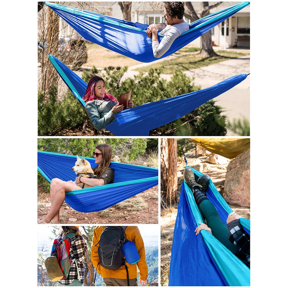 Leve Double Person Camping Hammock, ao ar livre, Praia, Mochila, Viagem, Caminhadas, Portátil, Paraquedas, Nylon, 260x140cm