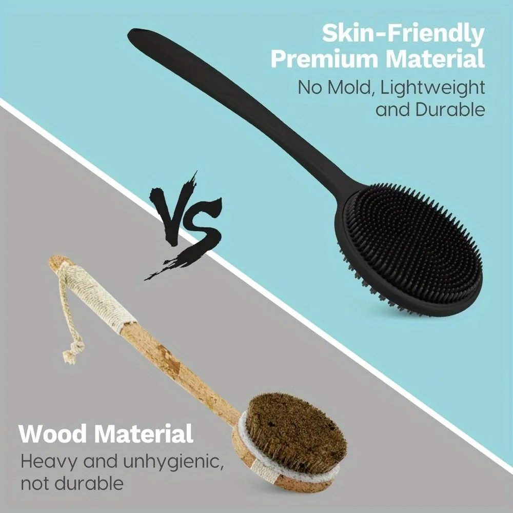 Silicone Dual-Action Back Scrubber with Long Handle - Deep Cleansing & Exfoliating Massage