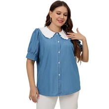 

Plus Size Denim Blouses for Women Sweet Peter pan Collar Neck Long Sleeve Tunic Top Large Size Women 3XL 4XL 5XL Casual Shirt