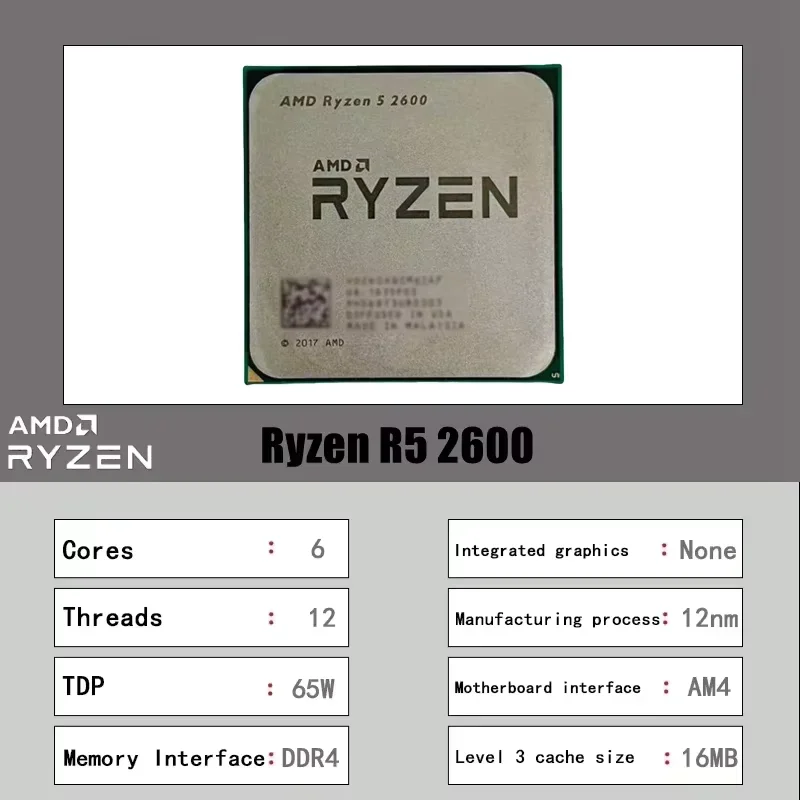 AMD Ryzen 5 2600 R5 2600 6코어 12스레드 3.9GHz AM4 데스크탑 CPU 완전 테스트 완료 루즈 패키지 쿨러 없음