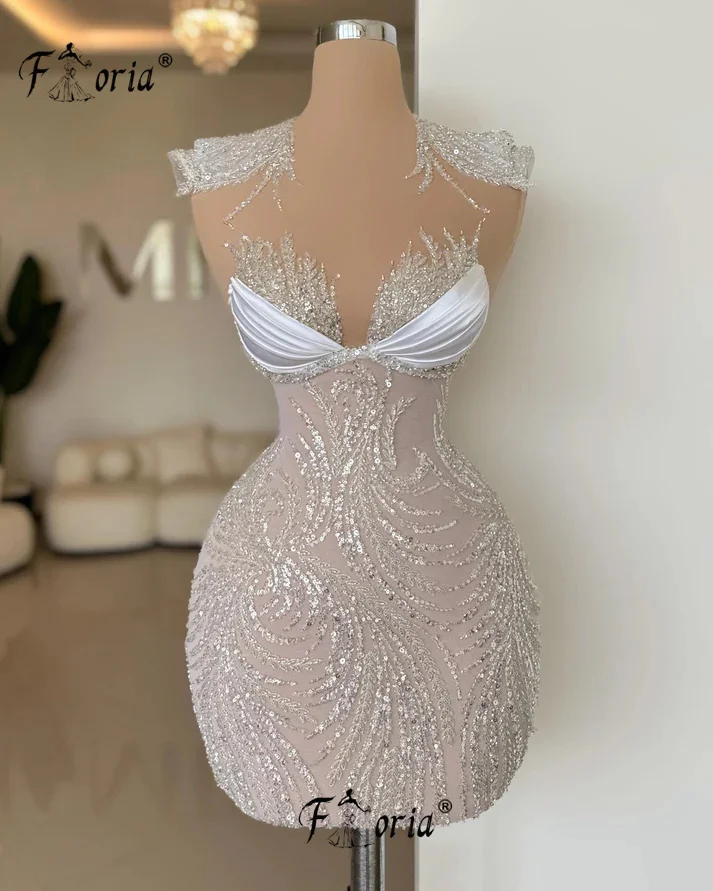 Vestido de cóctel con cuentas y lentejuelas brillantes, cuello alto, sin mangas, transparente, corto, Simple, Sexy