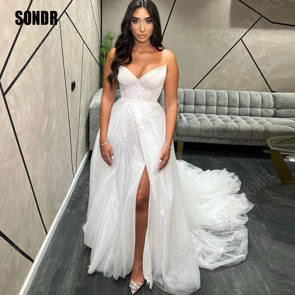 

SONDR Tulle A Line Wedding Dresses 2024 Bridal Gown Sweetheart Neck Side Slit Long Sweep Train Woman Bride Formal Gowns