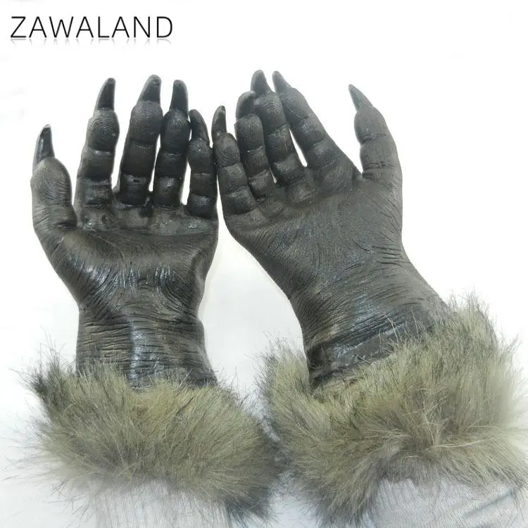 Zawaland Halloween Wolf Cosplay Costume Gloves - Plush Latex Horror Party Accessories