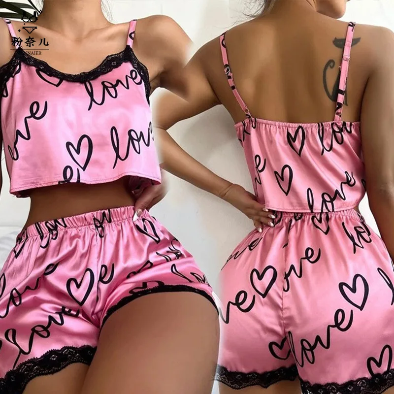 

Women's Sleep Lounge Underwear 2024 New Women's Cute Printed Pajamas Home Furnishing Fashion Lace Splicing Sling Set Pajama Sets