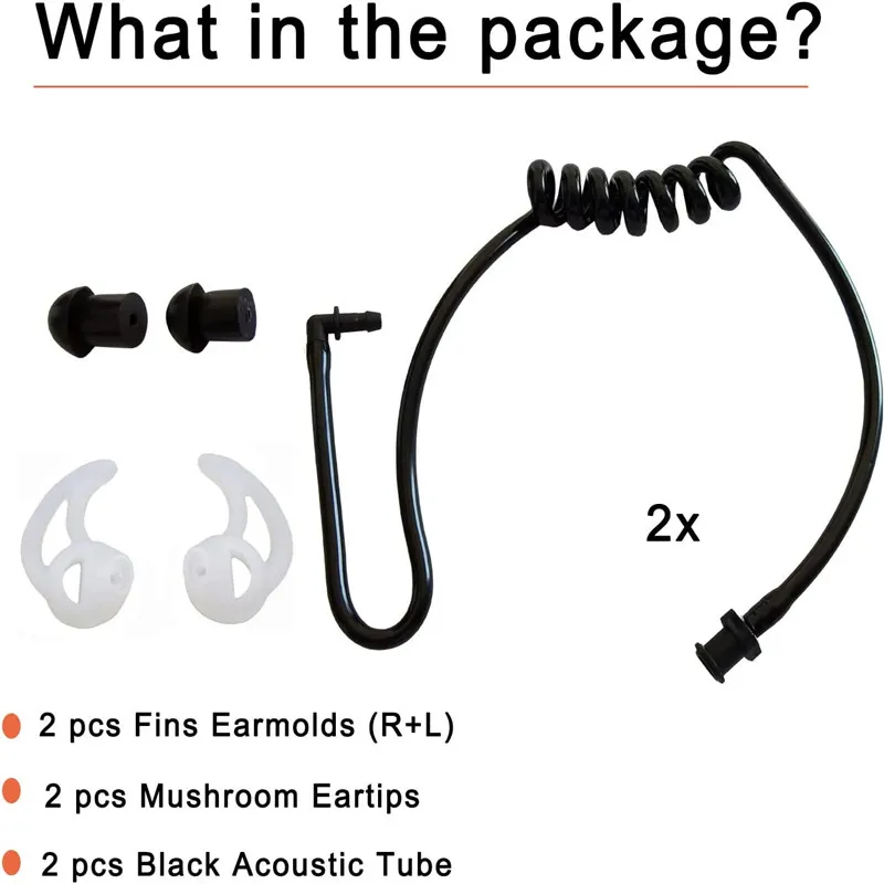 RISENKE-FBI Style Black Acoustic Tubes with Fins Ear Mold for Two-Way Radio Headset, Earpiece Replacement, Walkie Talkie, 2 Pack