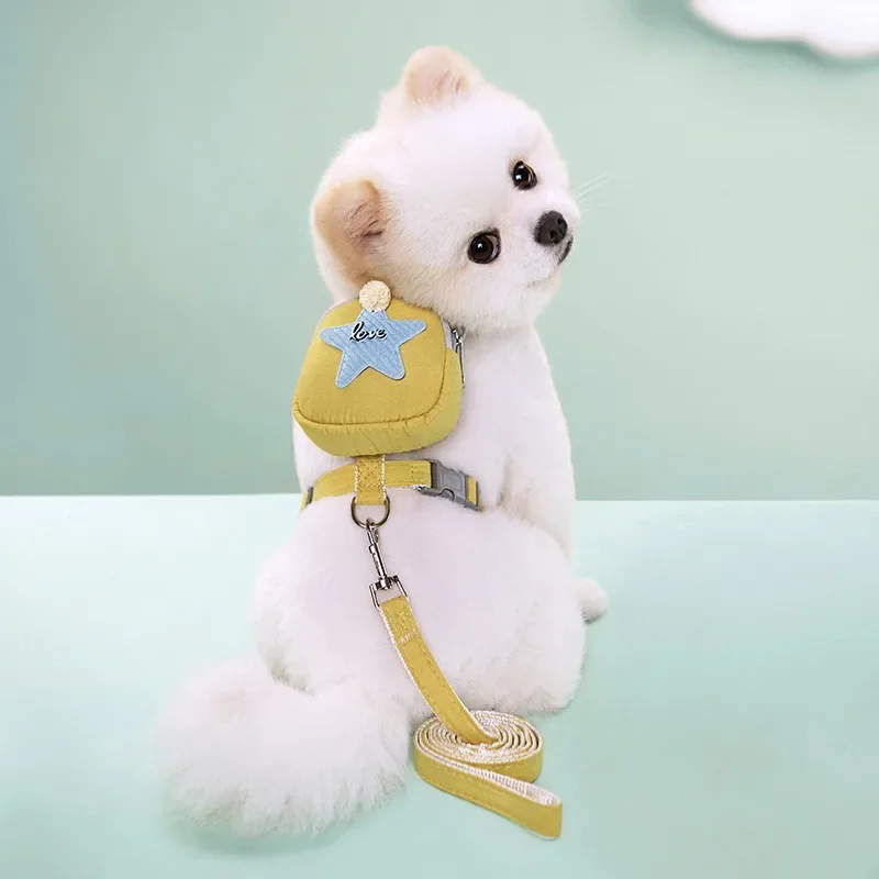 Pet Dog Harness With Bag Cute Pet Backpack With Leash Set Five-Pointed Star Decoration For Daily Walking Hiking Training