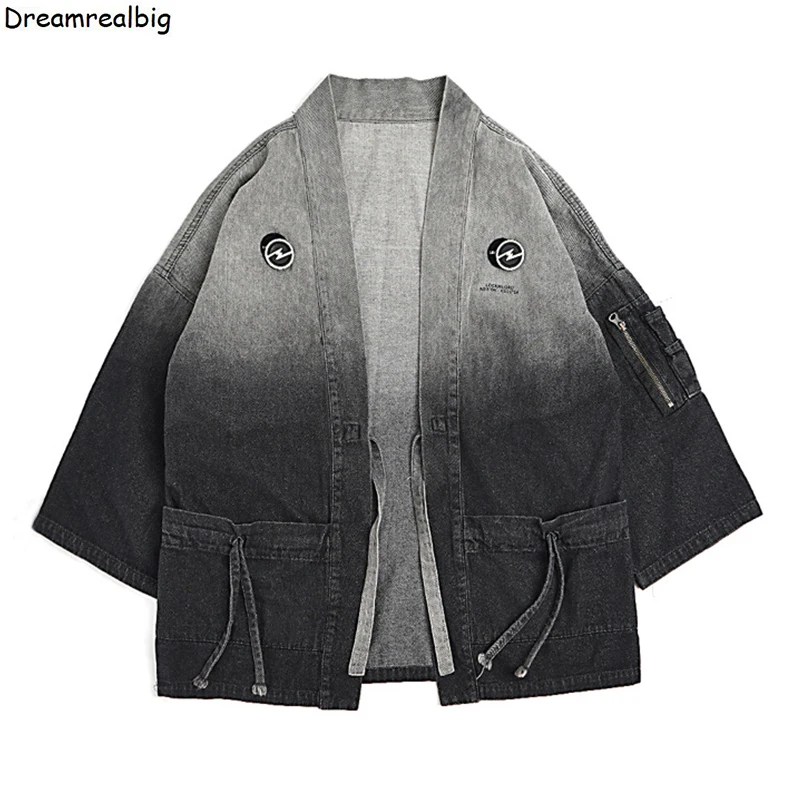 

Gradient Color Men Denim Kimono Jacket Stand Collar Japan Style 2023 Spring Autumn Printed Letters Hip Hop Mens Retro Thin Coat